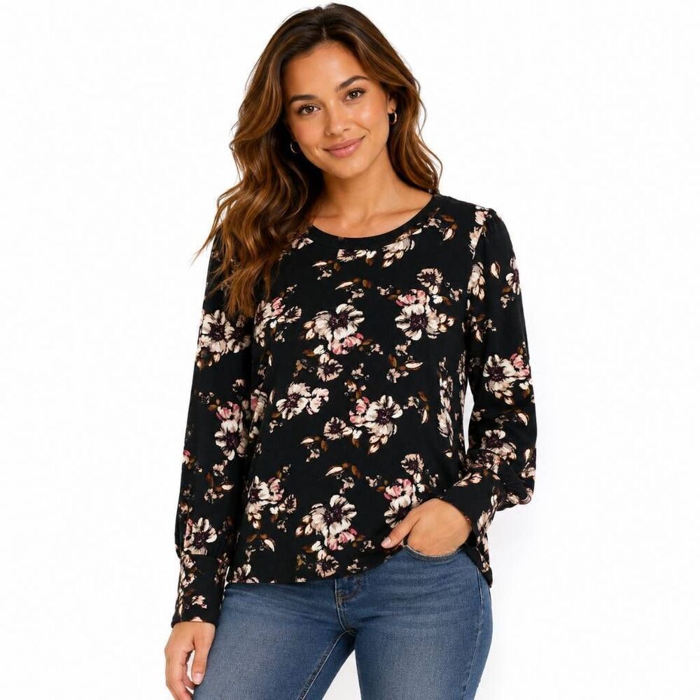 Maurices 24/7 Floral Long Sleeve Top Medium Black